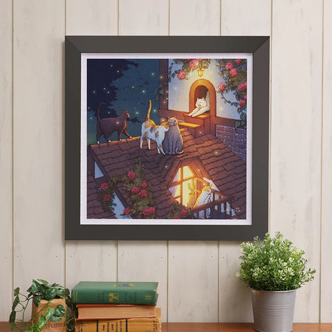 Pintoo H3454 Night on the Roof by Limduey - Kitten's Life Routine - 900 Piece Jigsaw Puzzle