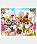 a painting of a group of dogs in front of a fence