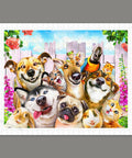 a painting of a group of dogs with a bird on their head