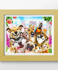 a painting of a group of dogs and cats