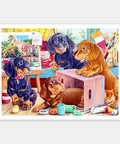 Colorful jigsaw puzzle with puppies in an art studio.