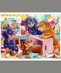 Completed jigsaw puzzle featuring puppies in a studio.