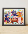 Framed jigsaw puzzle of puppies in a studio setting.